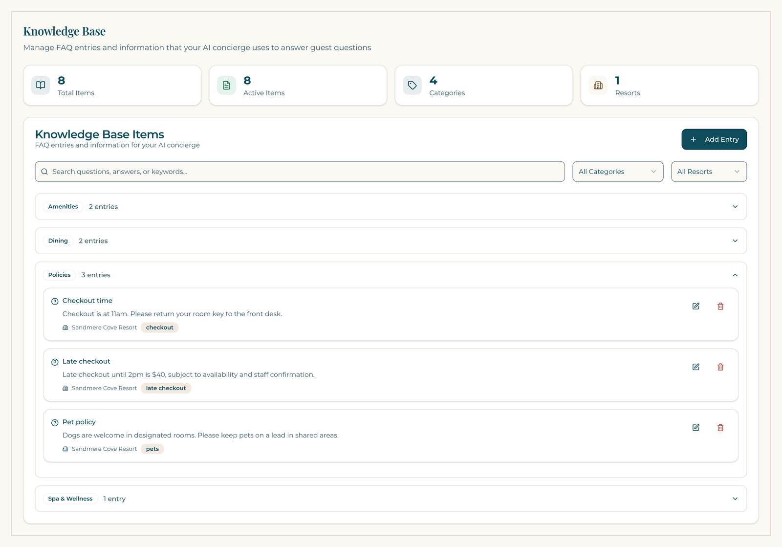 ResortConcierge AI knowledge base on a demo property, with property policies grouped by category and the policies section expanded.