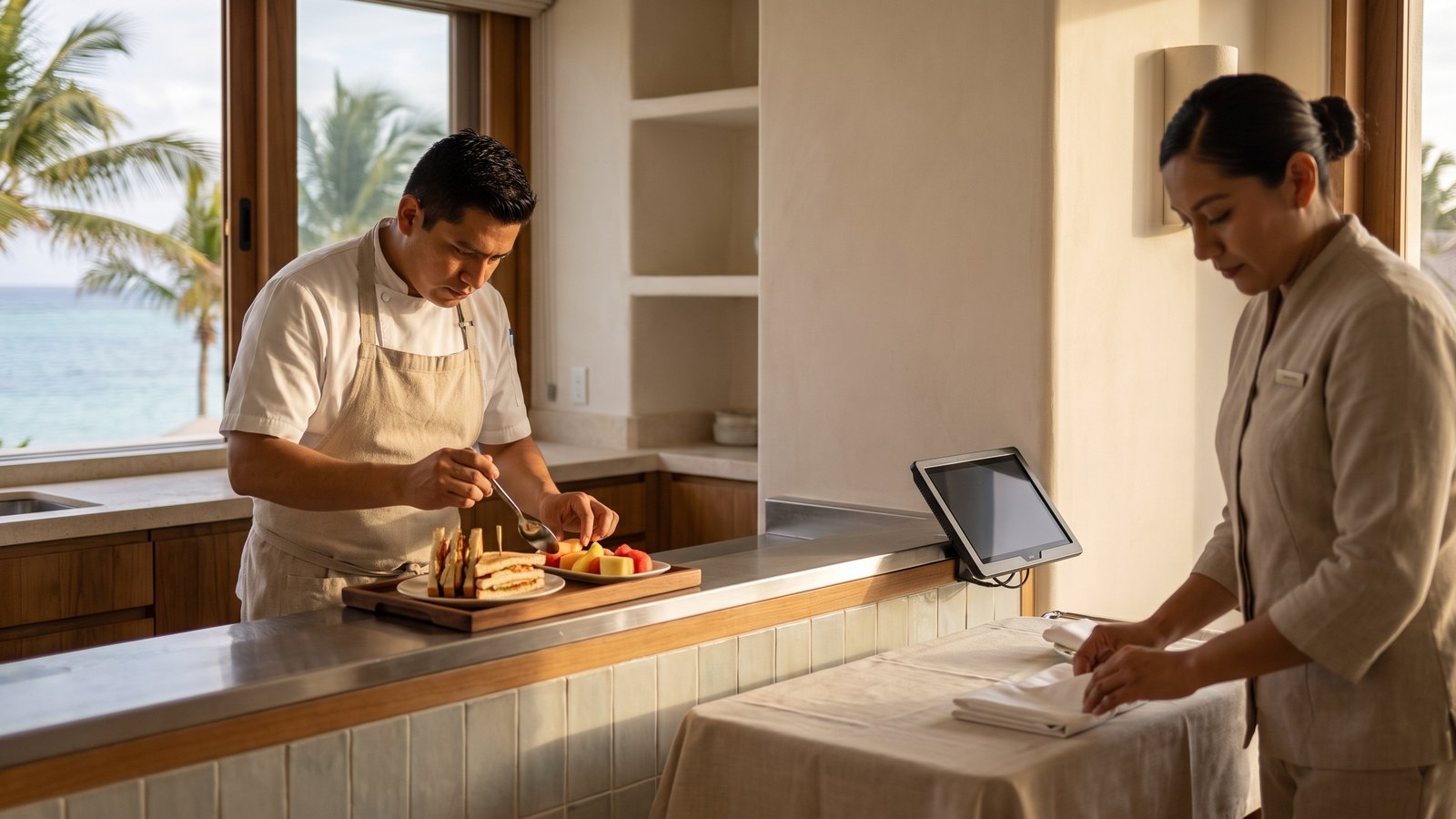 Cook plating a club sandwich and fruit at a resort room service pass while a server folds tray linens nearby.