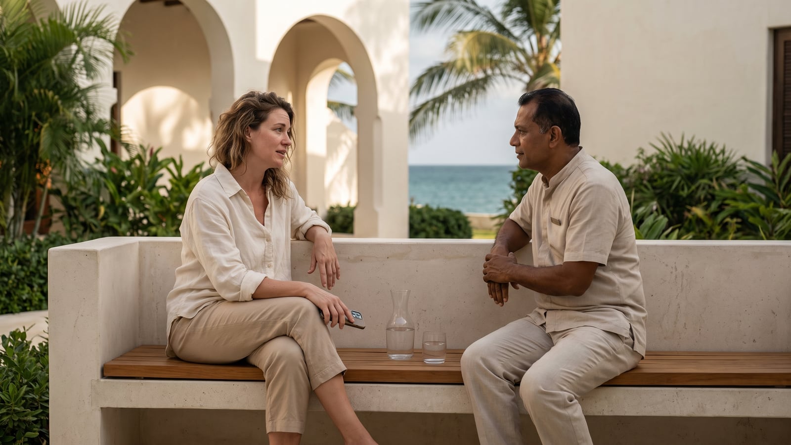 A resort staff member sits beside a guest on a garden bench and listens while she talks, her phone face down on her knee.