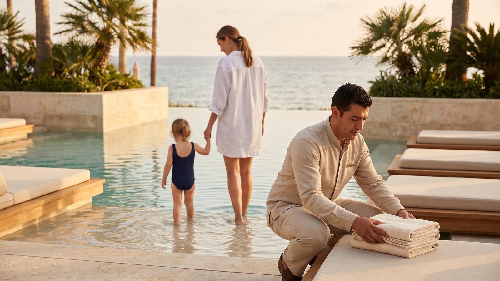 A pool attendant squares a stack of towels on a teak daybed while a parent and child wade at the shallow end of a resort pool by the sea.