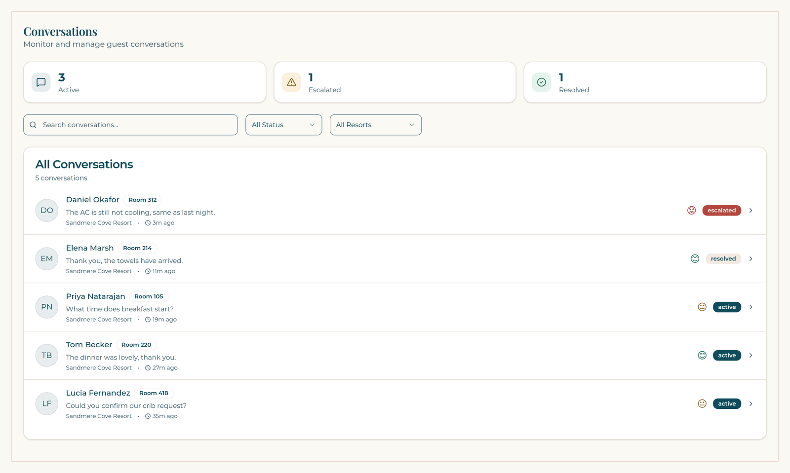 ResortConcierge AI conversations list on a demo property, with a negative sentiment marker on a guest's air conditioning complaint.