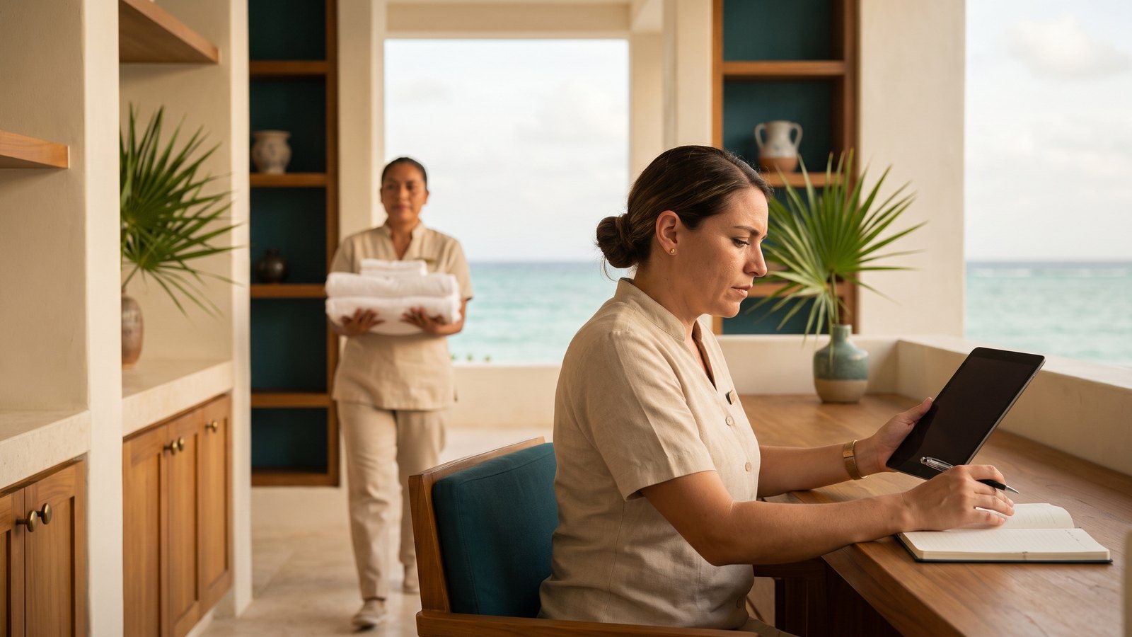 Guest experience manager at a teak desk open to the sea, reading a tablet as a housekeeper passes with towels.