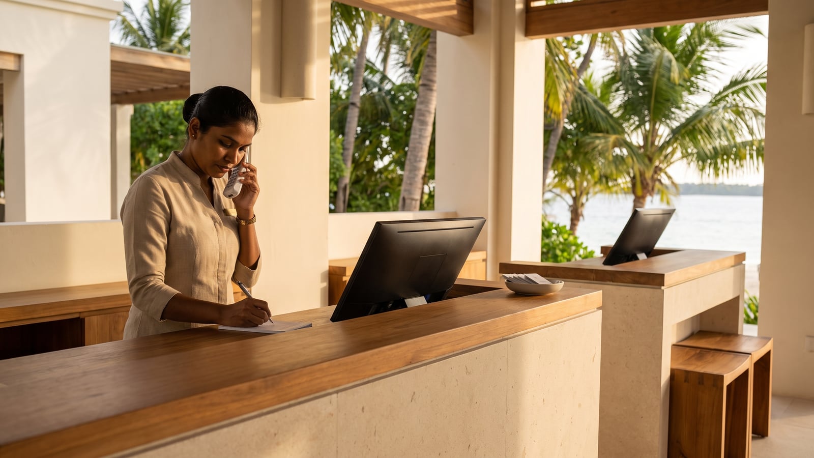A resort front desk associate on a cordless phone writes a note while the workstation beside her sits empty.
