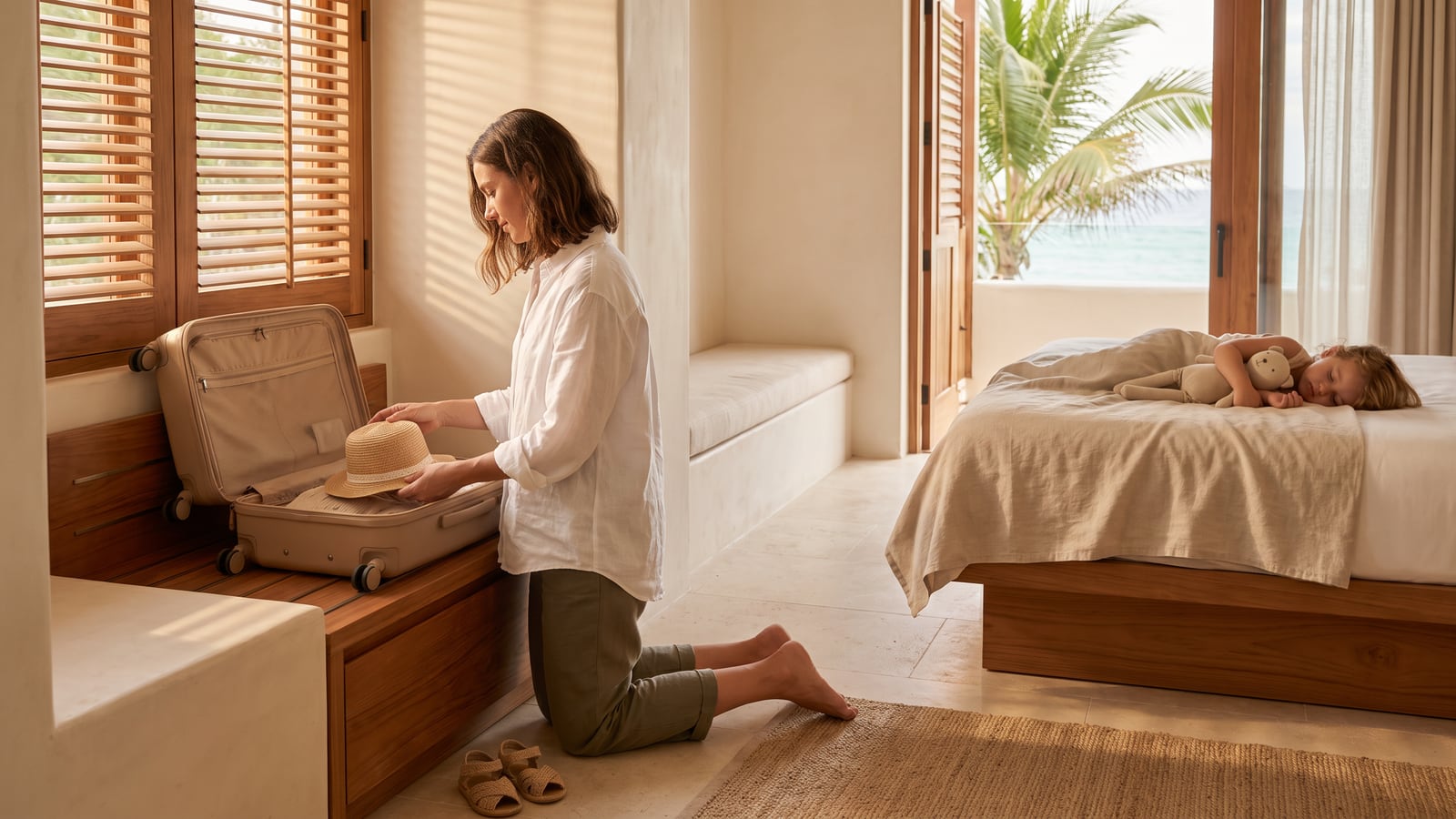 A mother packs a suitcase in a resort suite in the late afternoon while her young child naps on the bed, a late checkout in progress.