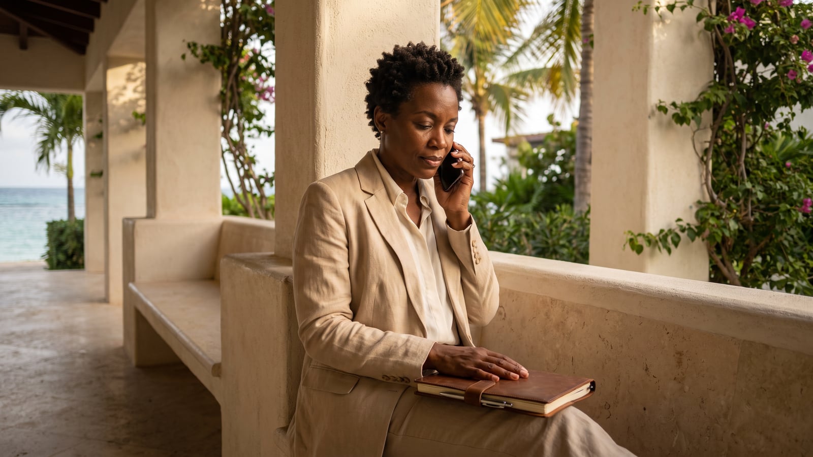 A resort general manager on a shaded garden bench, phone to her ear and notebook on her knee, calling her own front desk the way a guest would.