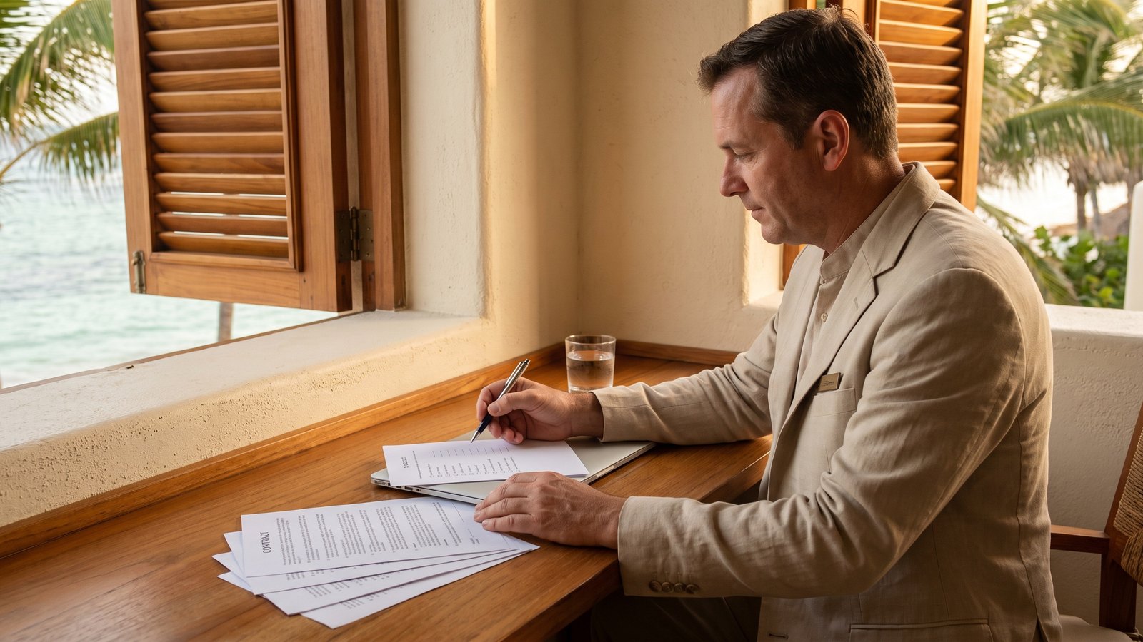 General manager working through a printed vendor checklist beside a contract in a resort office.