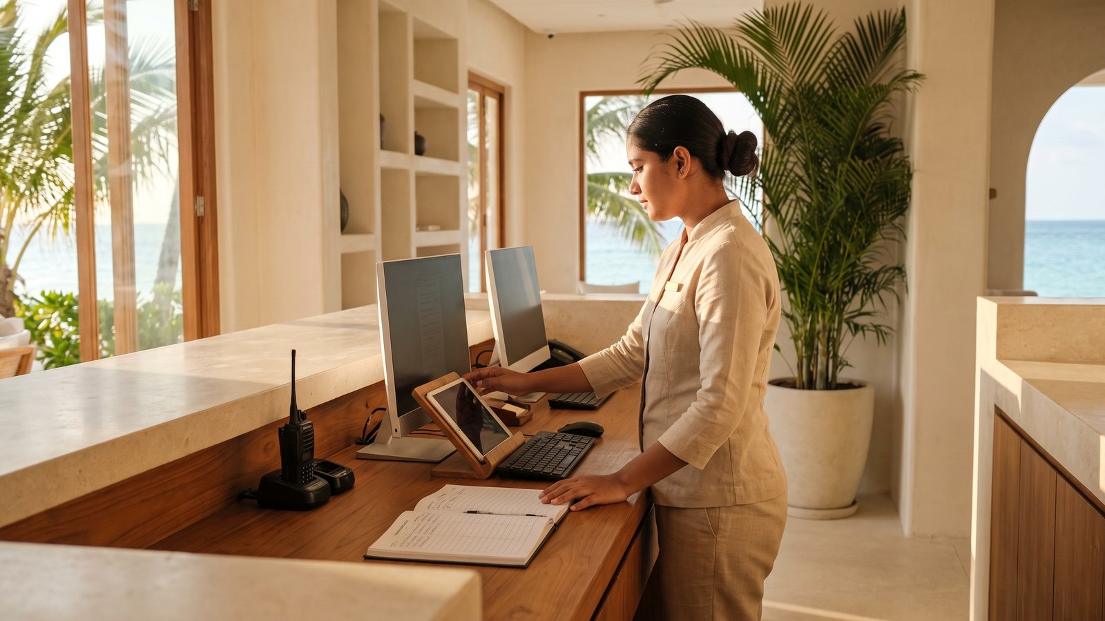 Front desk agent working across two monitors, a tablet, a radio and a paper logbook at a resort desk.