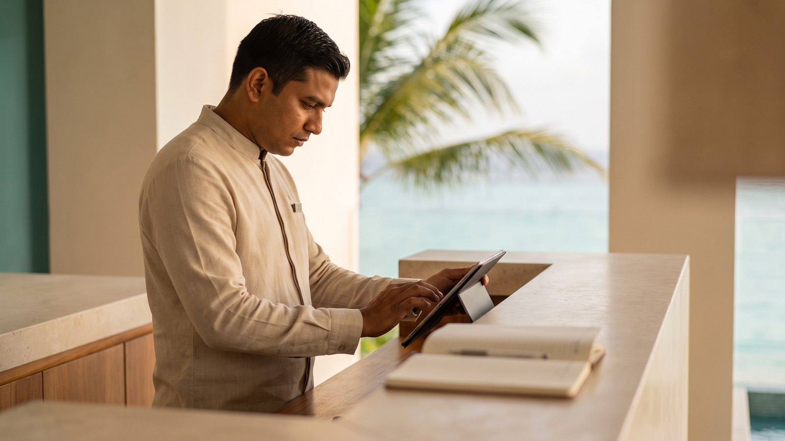 Front desk associate at a resort composing a short guest message on a tablet.