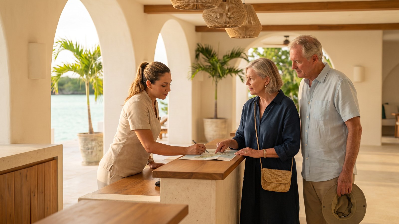Front desk agent helping international guests with directions in an open-air resort lobby.