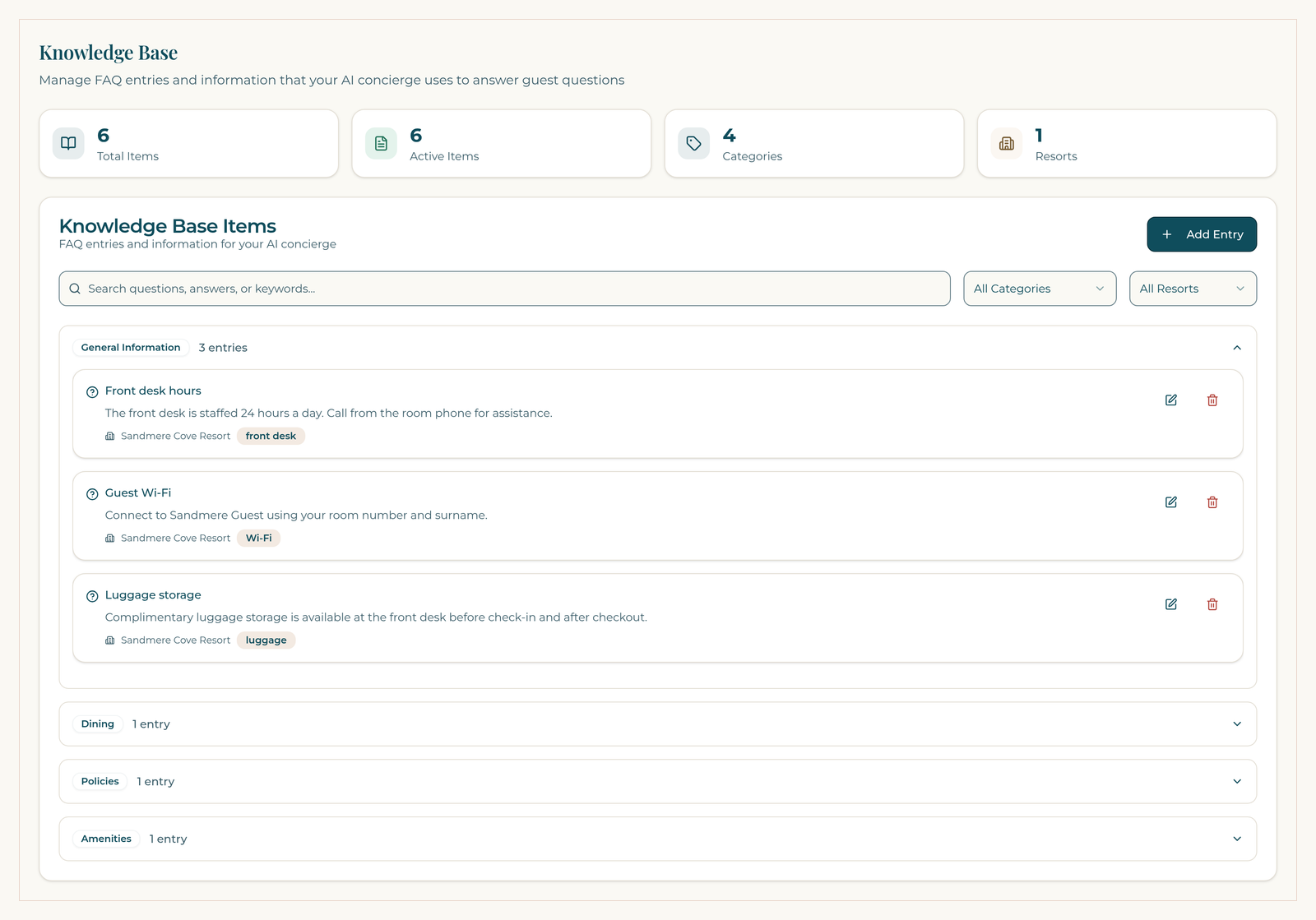 ResortConcierge AI knowledge base on a demo property, organized by category with one section expanded.