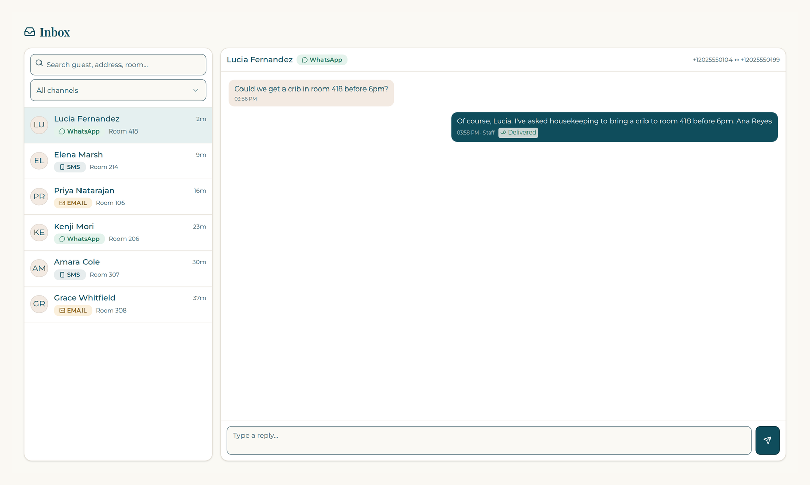 ResortConcierge AI inbox on a demo property, with WhatsApp, SMS and email threads in one list and a WhatsApp conversation open.