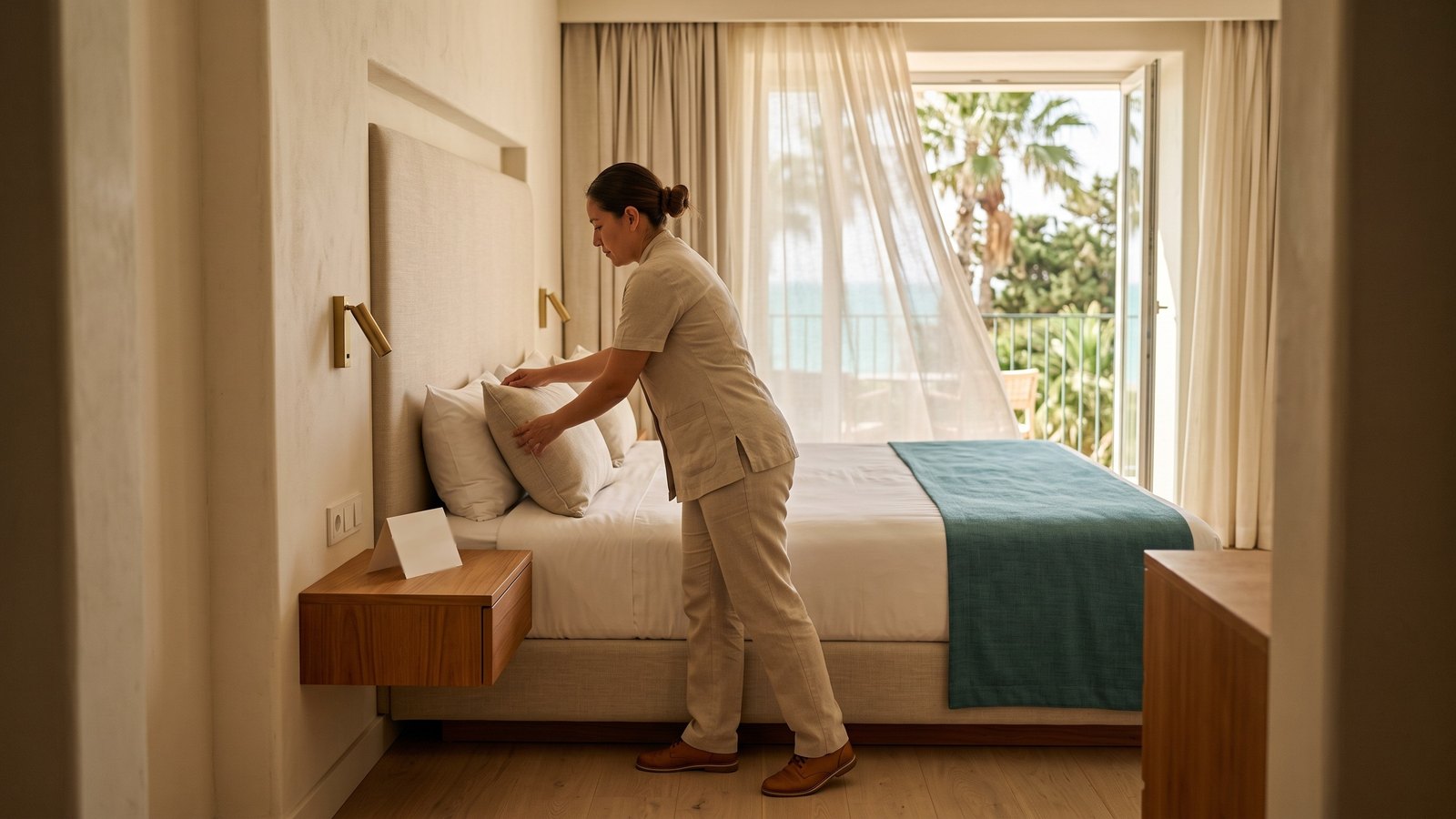 Room attendant setting a guest's requested pillow in a resort room before arrival.