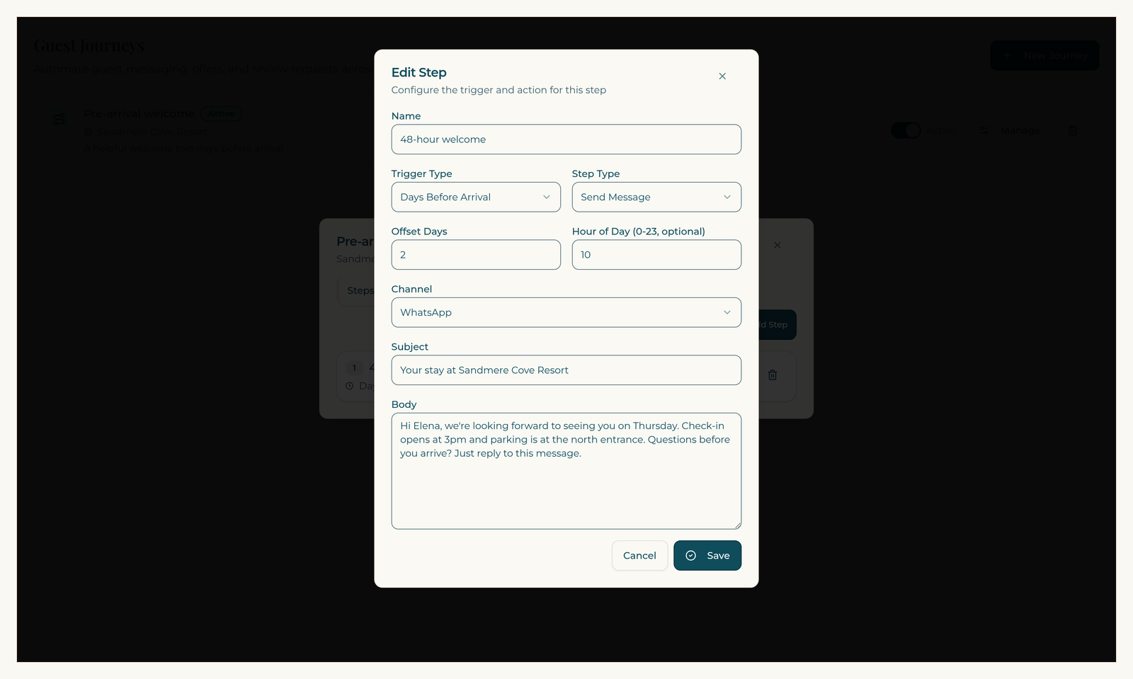 ResortConcierge AI journey step editor on a demo property, with a logistics message timed two days before arrival.