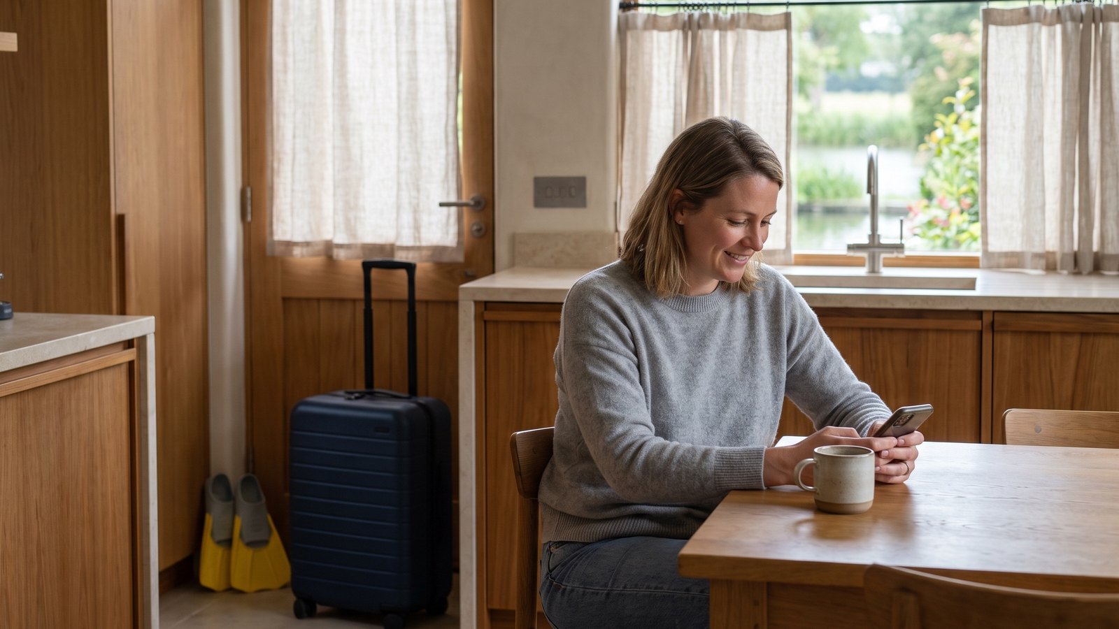 Traveler reading a pre-arrival message from the resort at home the morning of departure.