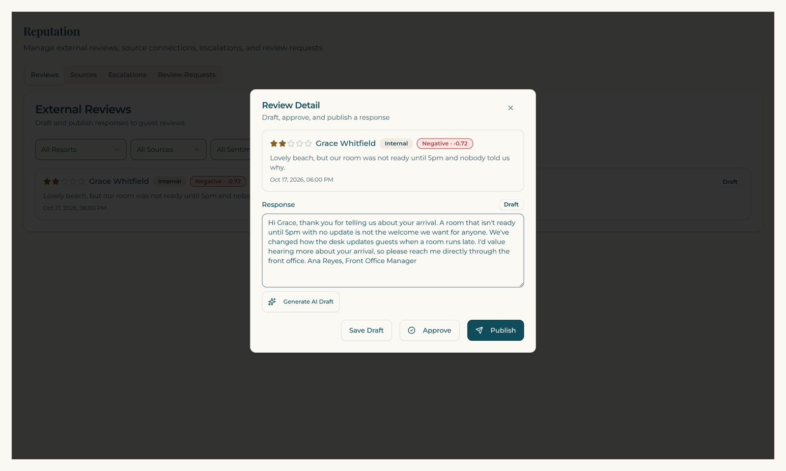 ResortConcierge AI review reply draft on a demo property, open for editing below a fictional two-star review.