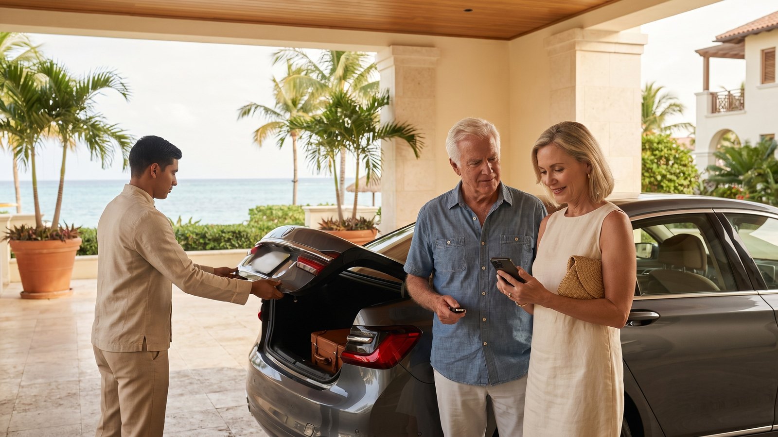 Bell attendant closing a car trunk under a resort porte-cochere as a departing couple looks at the woman's phone.