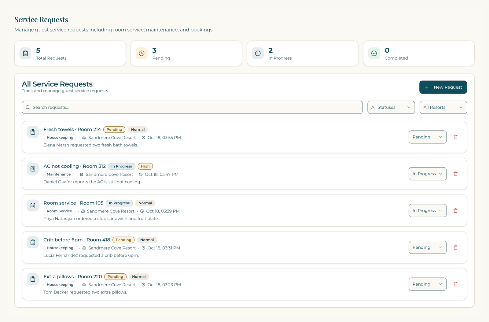 ResortConcierge AI service requests on a demo property, each showing its type, status and priority.