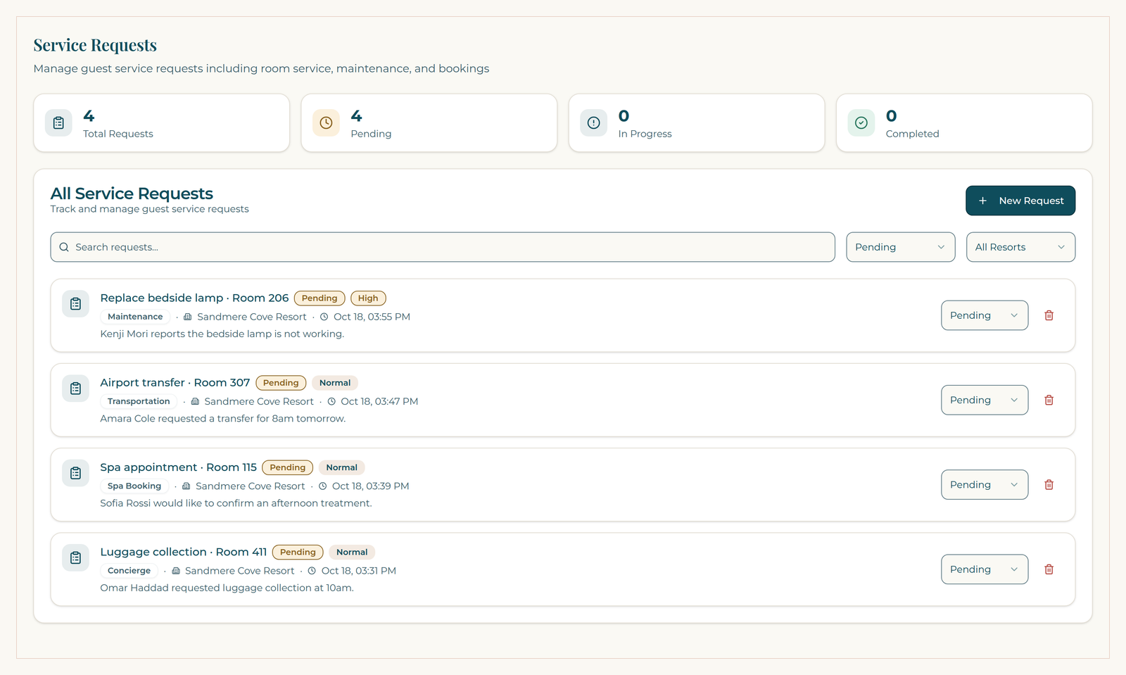 ResortConcierge AI service requests on a demo property, filtered to pending requests.
