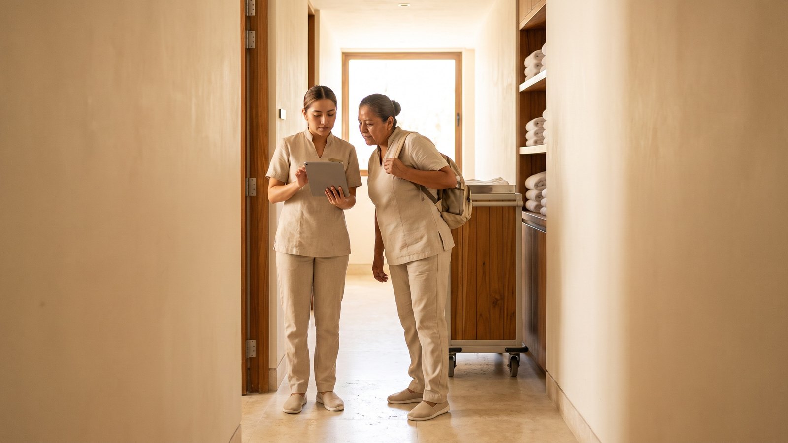 Two housekeeping team members reviewing open requests on a tablet at shift change in a resort service corridor.