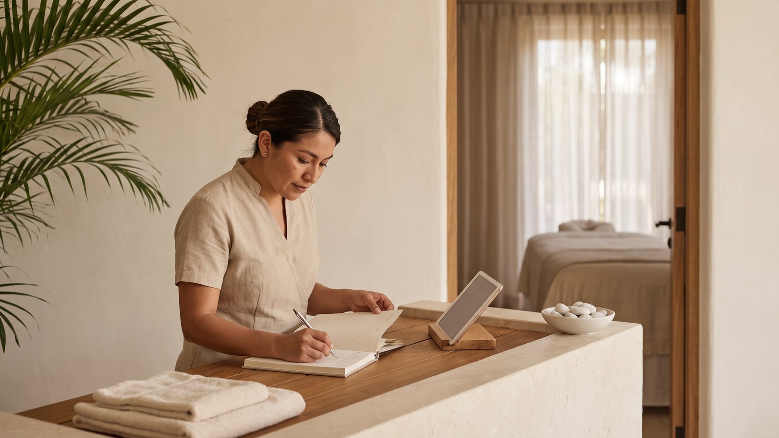 Spa coordinator confirming an appointment at a resort spa reception desk.