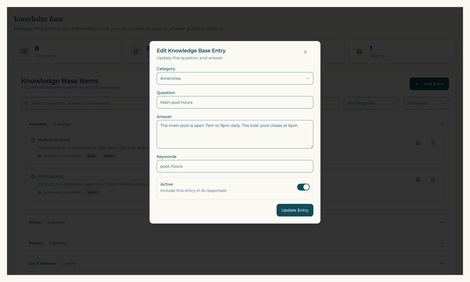 ResortConcierge AI knowledge base edit form on a demo property, with an entry for main pool and kids' pool hours.