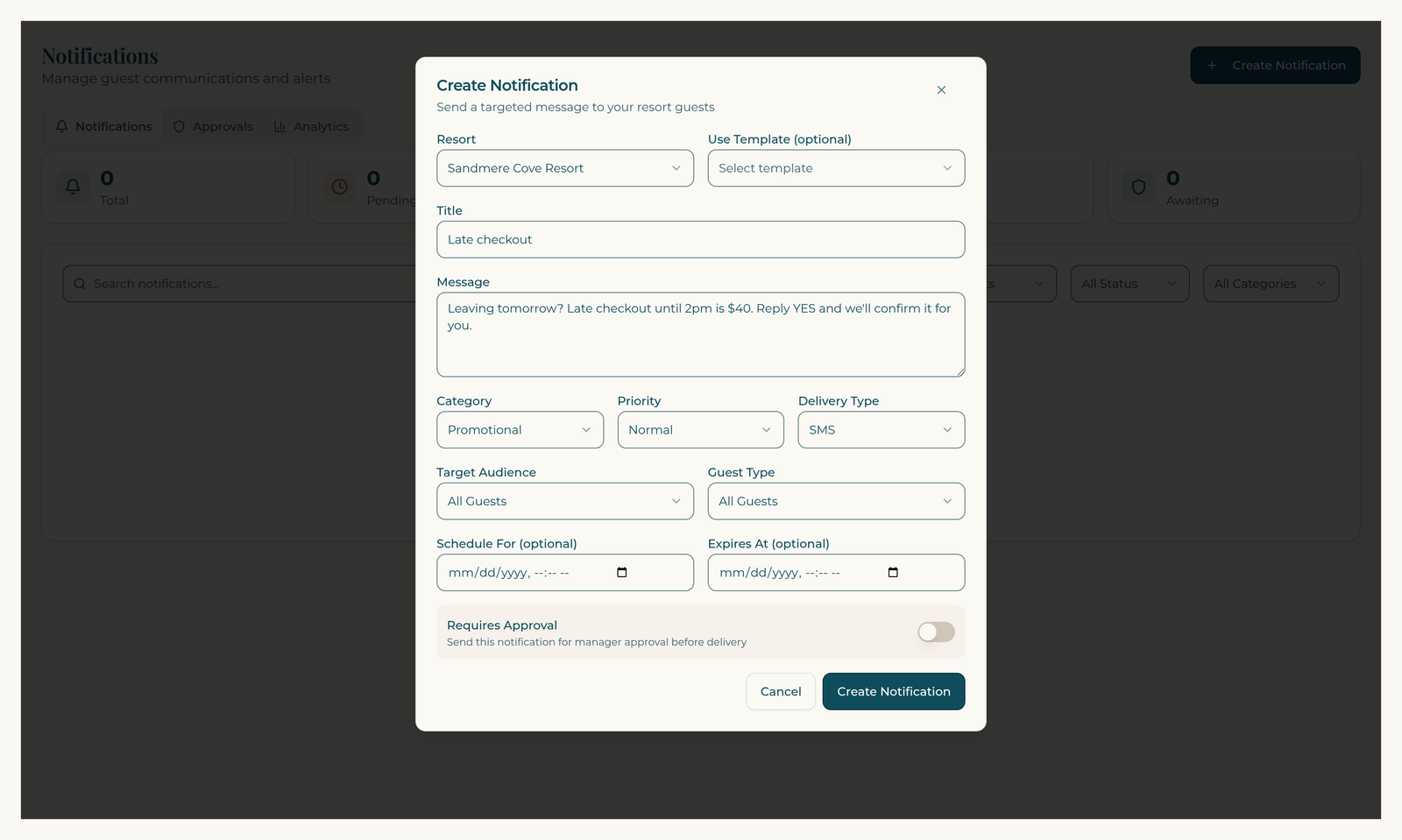 ResortConcierge AI notification composer on a demo property, with a $40 late checkout offer drafted.