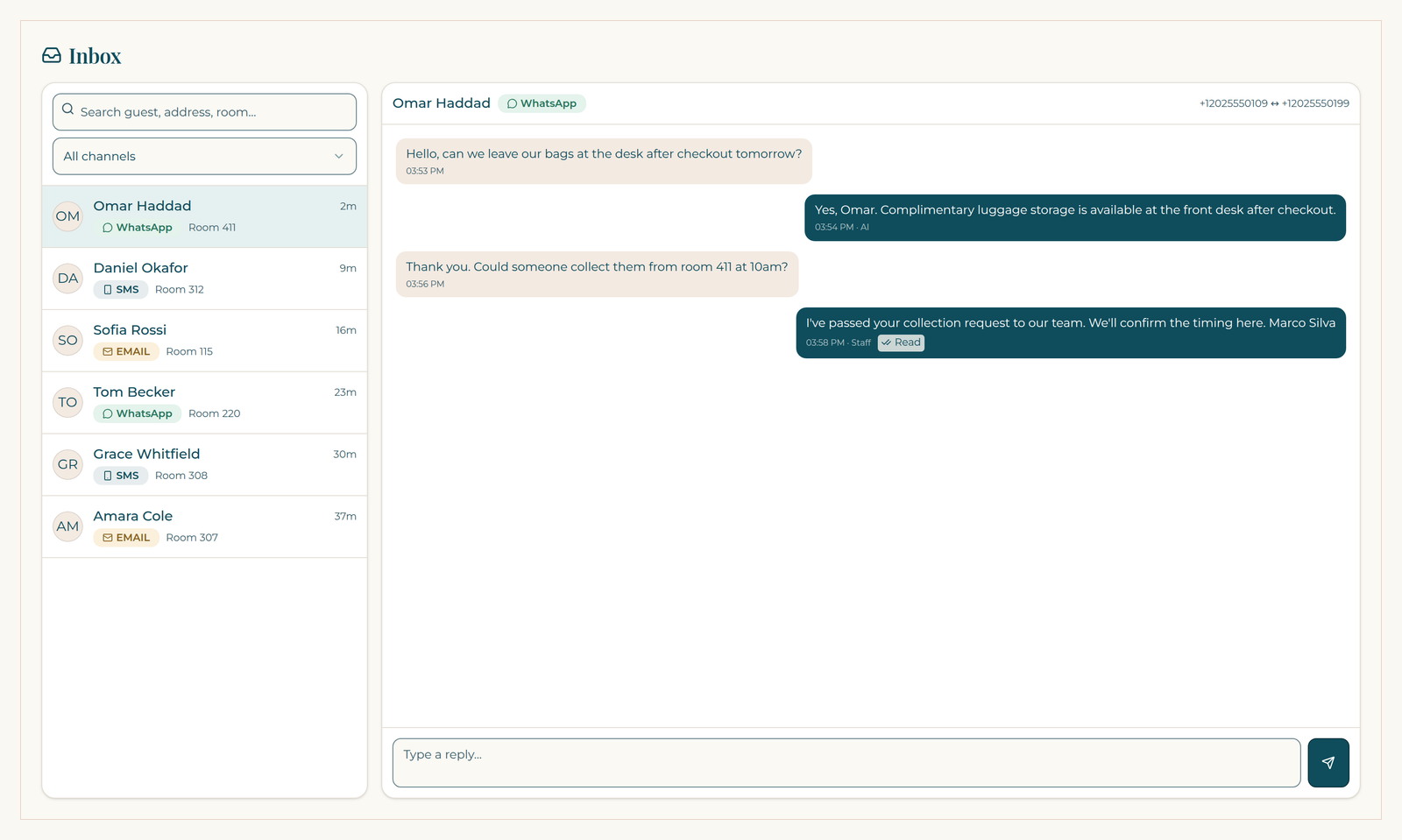 ResortConcierge AI inbox on a demo property, with WhatsApp, SMS and email threads in one list and a WhatsApp conversation open.