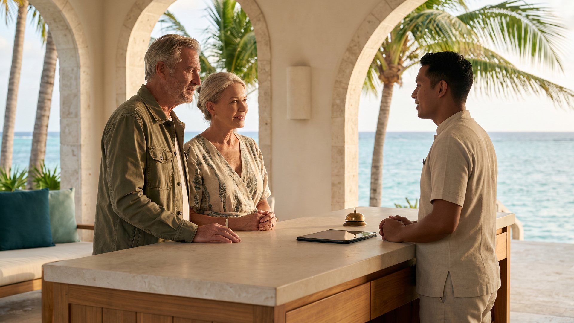 A front desk agent talks with an older couple at an open-air resort reception, palms and the sea through the arches