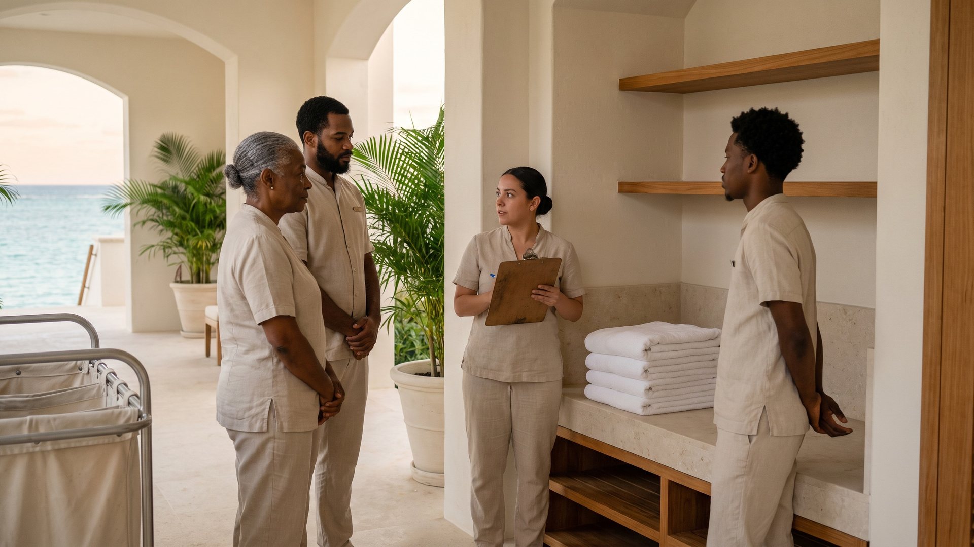 A housekeeping supervisor with a clipboard briefs three colleagues beside stacked linens at an open-air resort, the sea beyond