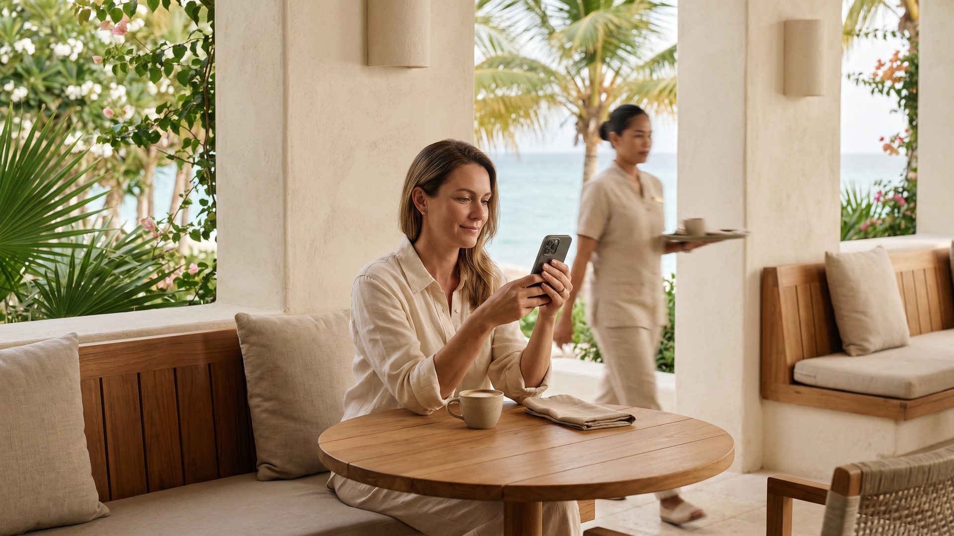 A guest checks her phone over coffee in a shaded resort lounge open to the sea while a server passes with a tray